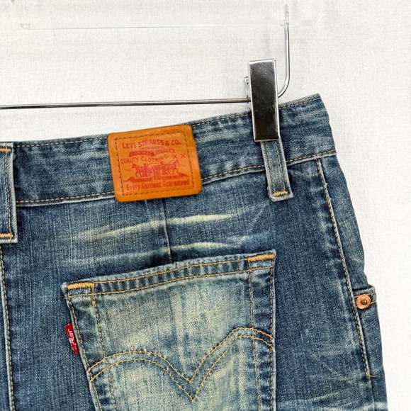 LEVIS Vintage Y2K Denim Skirt Women 28 Blue Pleated Midi Distressed USA Made - Picture 8 of 14